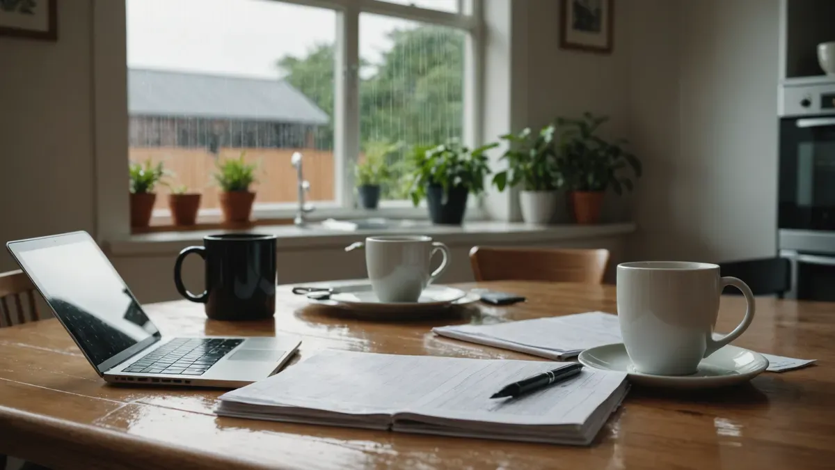 Table de cuisine en bois avec un ordinateur portable, des feuilles imprimées, un stylo et des tasses, devant une fenêtre battue par la pluie