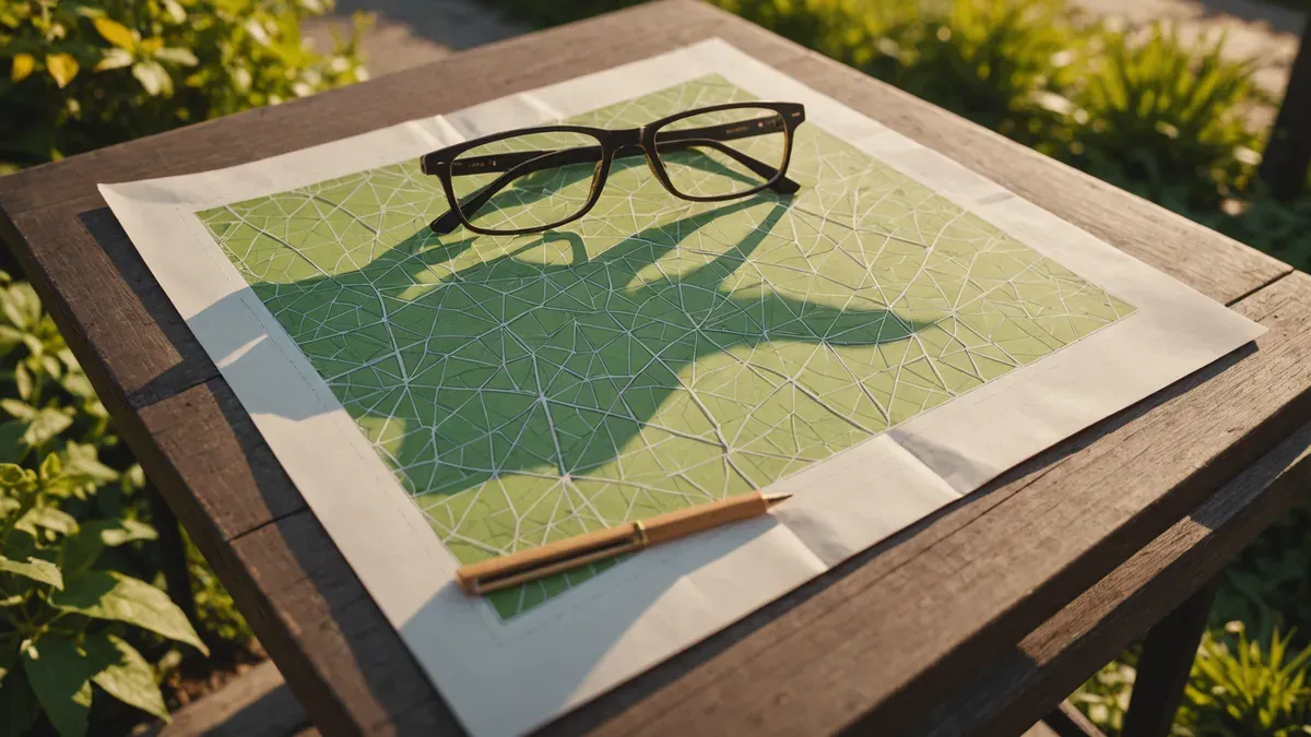 Plan imprimé aux parcelles vertes cernées de fins traits blancs, posé sur une table de jardin en bois avec des lunettes et un crayon, au soleil du soir