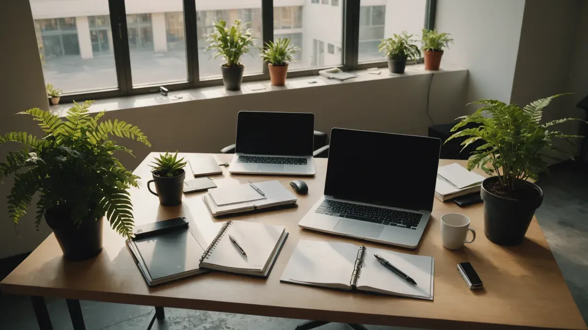 Grande table d'un espace de coworking vide avec deux ordinateurs portables éteints, des classeurs ouverts, des stylos et des fougères en pot devant de hautes fenêtres