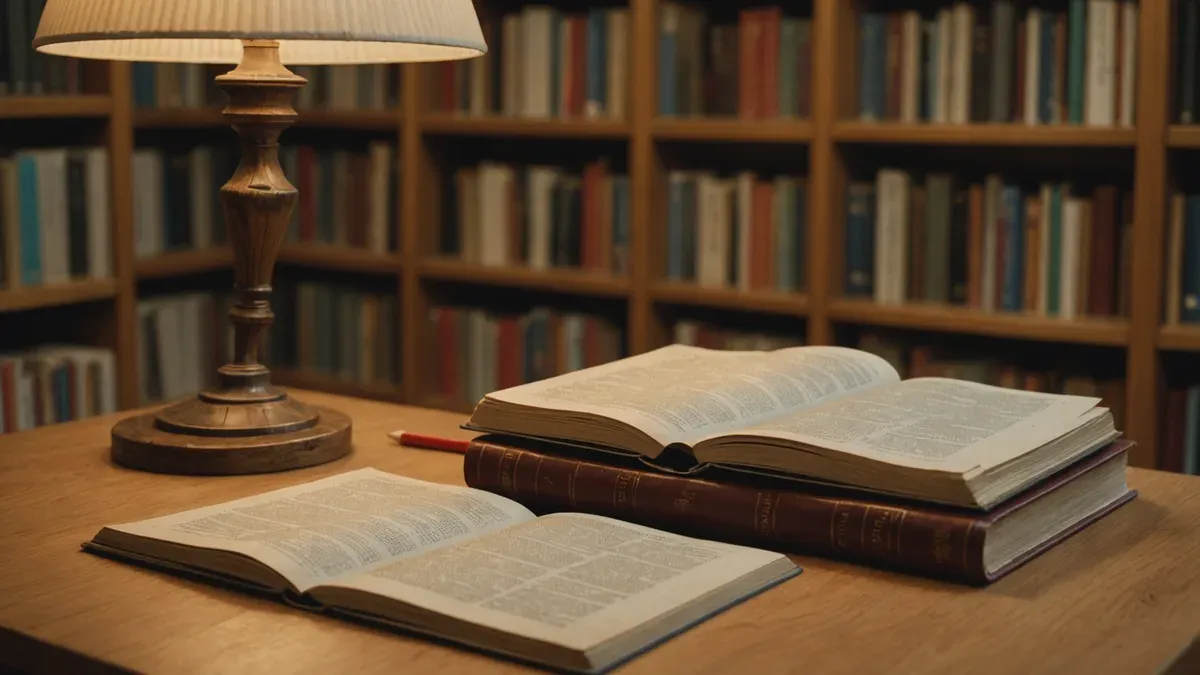 Table de bibliothèque éclairée par une lampe en bois tourné, avec deux dictionnaires ouverts, un gros volume relié et un crayon rouge, devant des rayonnages