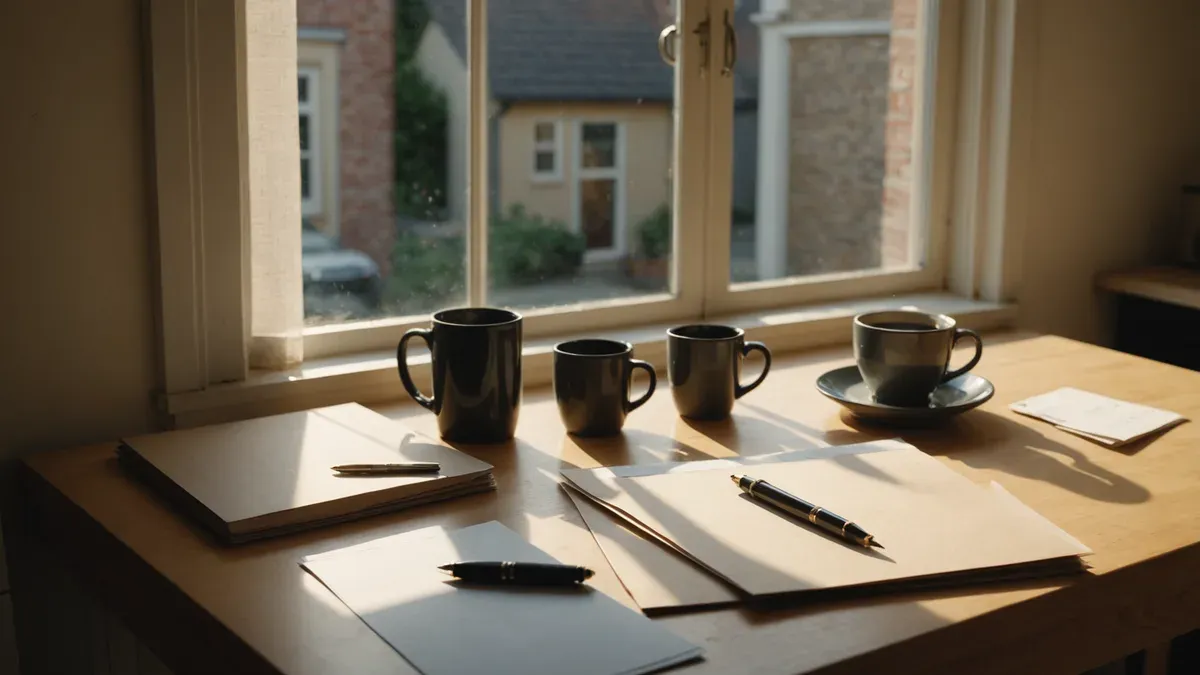Table de cuisine en bois clair au soleil du matin, chemises cartonnées et feuilles vierges, deux stylos et des tasses de café devant une fenêtre à croisillons