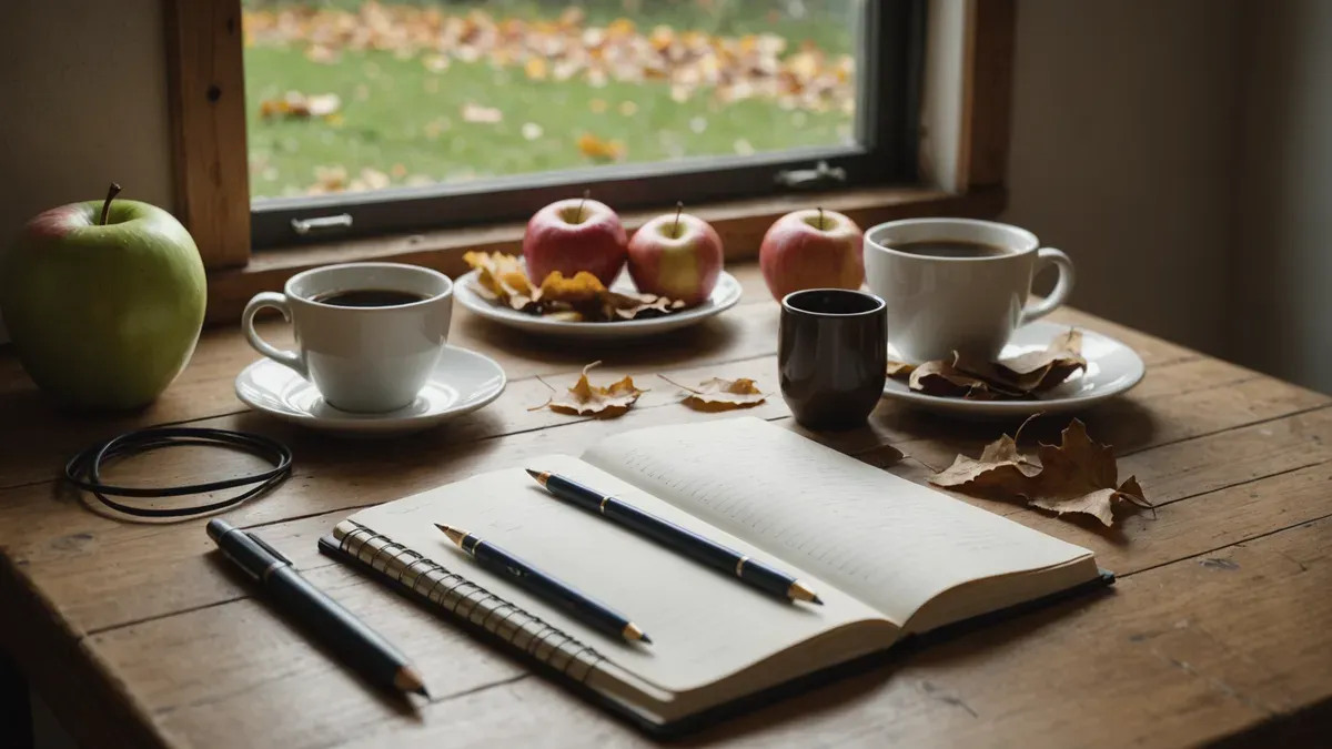 Table de cuisine en bois près d'une fenêtre donnant sur un jardin d'automne, avec un carnet ouvert, trois crayons, des tasses de café, des pommes et des feuilles mortes