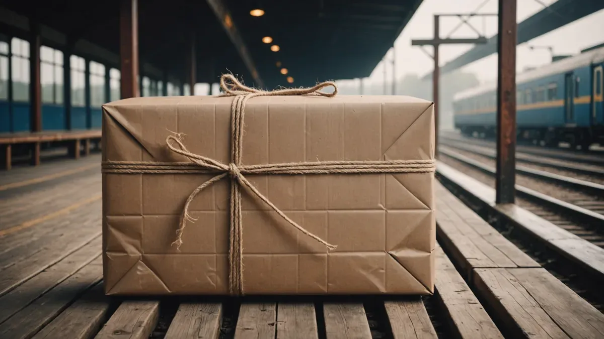 Gros colis emballé de papier kraft et ficelé, posé sur le quai en bois d'une gare, un train bleu à l'arrêt dans la brume