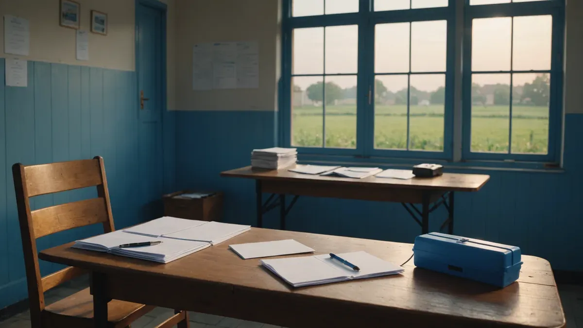Salle communale aux murs lambrissés de bleu, avec deux tables en bois portant des feuilles, des cahiers ouverts, des stylos et une boîte bleue, devant une fenêtre sur la campagne