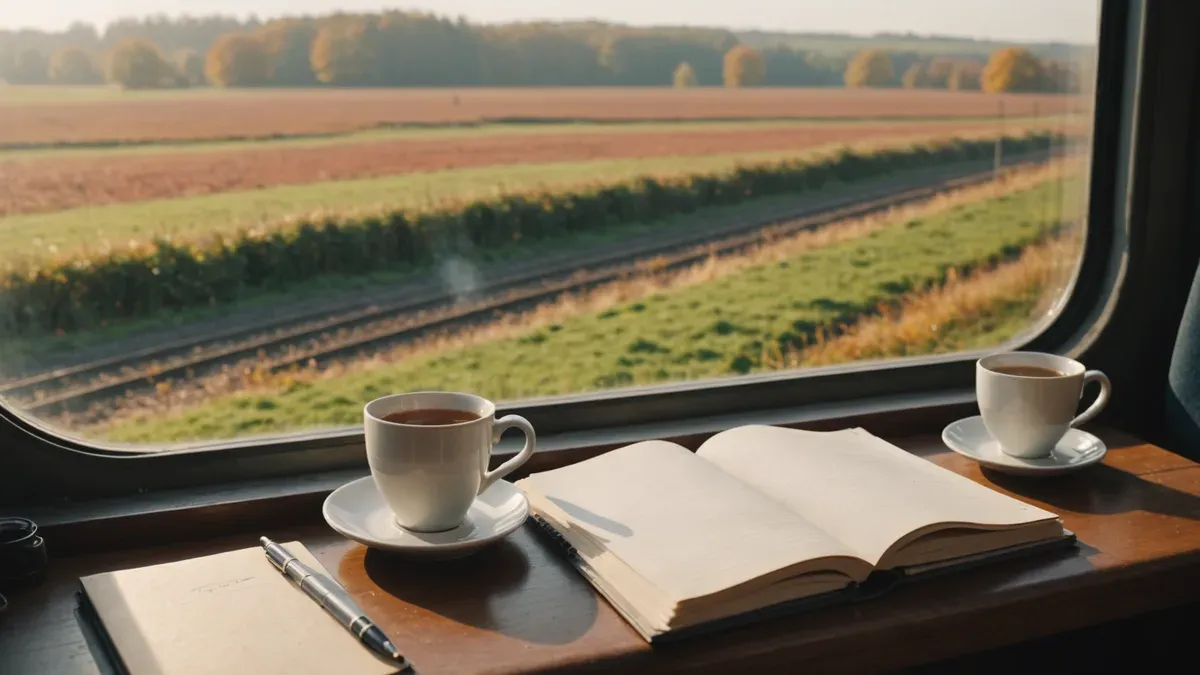 Deux tasses de thé, un carnet ouvert et un stylo posés sur la tablette d'une fenêtre de train, face à des champs d'automne