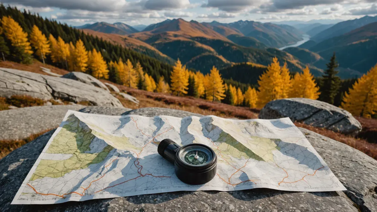 Carte topographique dépliée et boussole posées sur un rocher granitique, face à une vallée de montagne bordée de mélèzes dorés en automne