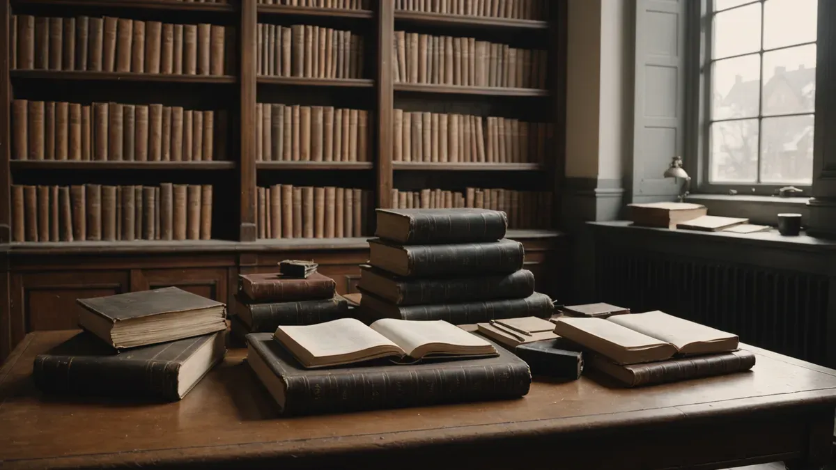 Salle d'archives en lumière d'hiver, table en bois couverte de registres reliés de cuir, empilés ou ouverts, devant des rayonnages de volumes anciens et une haute fenêtre