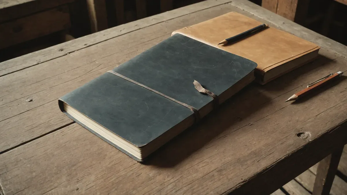Deux carnets reliés de cuir, l'un gris bleu et patiné, l'autre fauve, posés avec deux crayons sur un vieil établi en bois