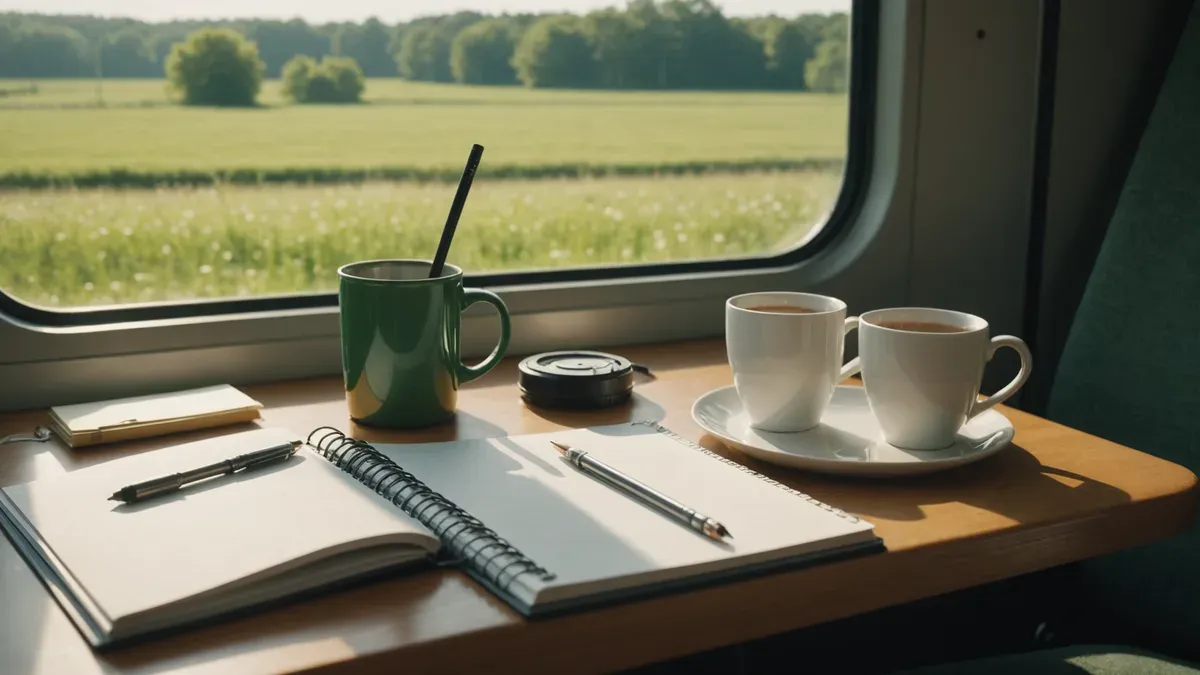 Tablette de train devant une fenêtre donnant sur des prés ensoleillés, avec un carnet à spirale ouvert, deux stylos, un mug vert et deux tasses de thé