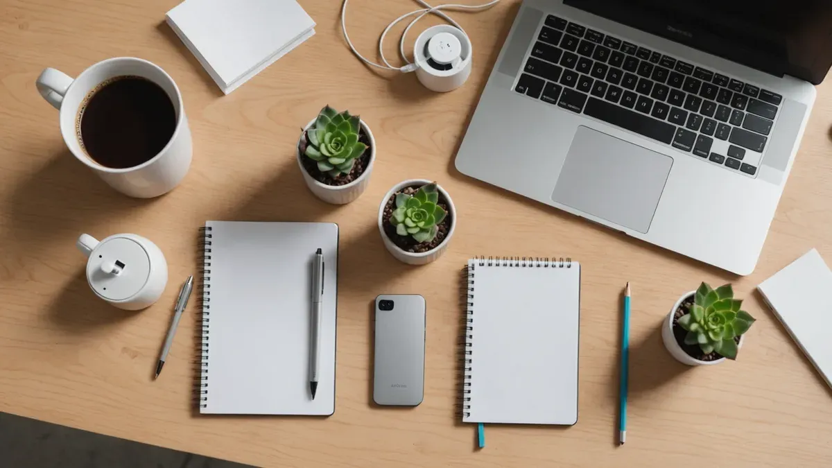 Bureau en bois clair vu de dessus avec un ordinateur portable, deux carnets à spirale, un téléphone, une tasse de café et trois plantes grasses