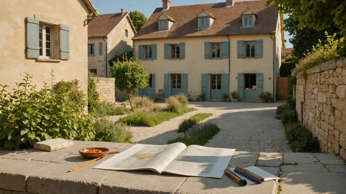 Muret de pierre calcaire au soleil de fin d'après-midi portant un document ouvert et des crayons, devant des maisons aux volets bleu-gris et aux toits de tuiles