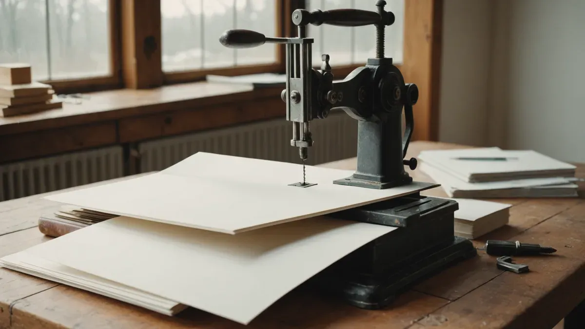Presse à main en fonte posée sur une table en bois devant une fenêtre, des feuilles blanches glissées sous son plateau et d'autres empilées à côté