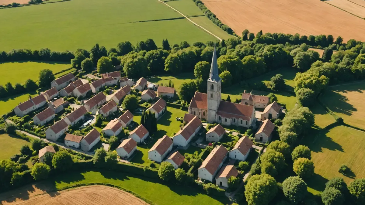 Vue aérienne d'un village de campagne aux toits de tuiles groupés autour d'une église, entouré de prés, de haies et de champs de blé