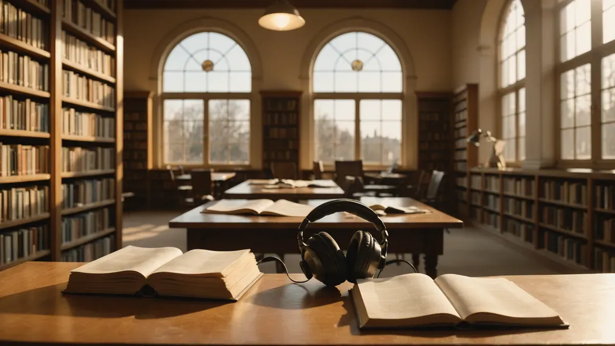 Table de bibliothèque avec deux livres ouverts et un casque audio, devant des rayonnages et de grandes fenêtres cintrées dans une lumière dorée