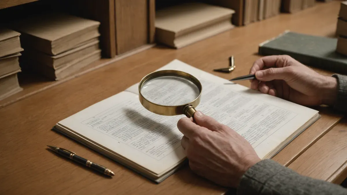 Mains tenant une loupe en laiton au-dessus d'un registre ouvert, sur une table en chêne entourée de livres anciens