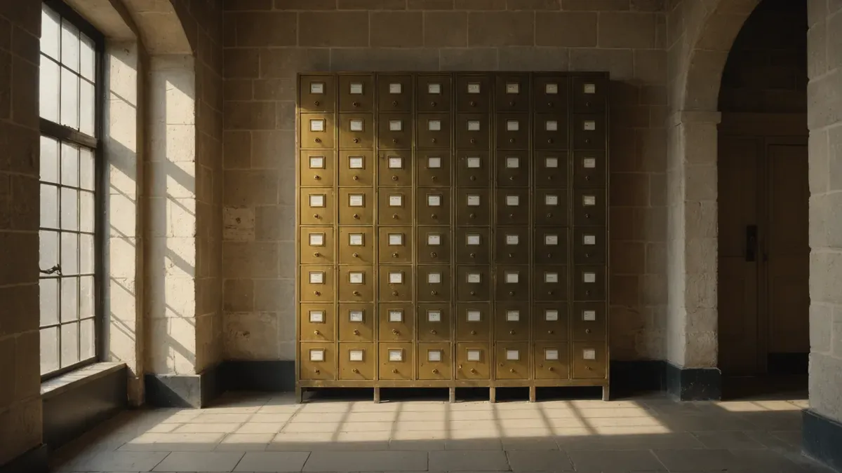 Casier de boîtes postales anciennes en laiton contre un mur de pierre, éclairé en biais par le soleil d'une haute fenêtre